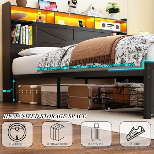 Etditrnp King Bed Frame with Storage Headboard, Farmhouse Platform Bed Frame with Bookshelf, Drawers, LED Lights and Charging Station, Metal Slats Support, Noise Free, No Box Spring Needed, Black Etditrnp