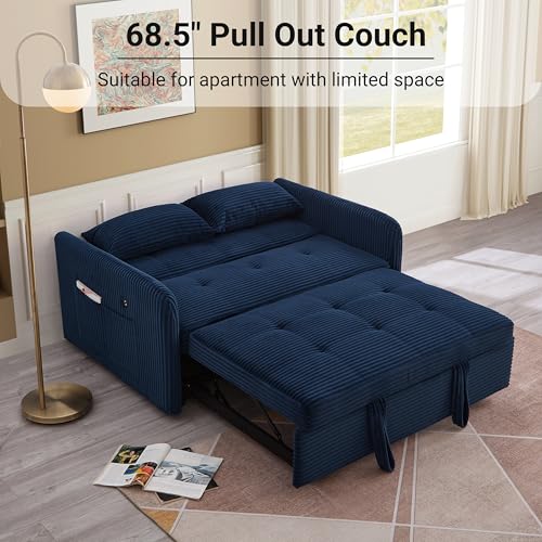 N NOORDENIYA 55.5" Corduroy Convertible Sofa Bed, Pull Out Sleeper Sofa Bed, Loveseat Couch with USB Charging Ports, 3 in 1 Convertible Sleeper Sofa Bed for Living Room, Apartment, Bedroom, RV, Blue N NOORDENIYA