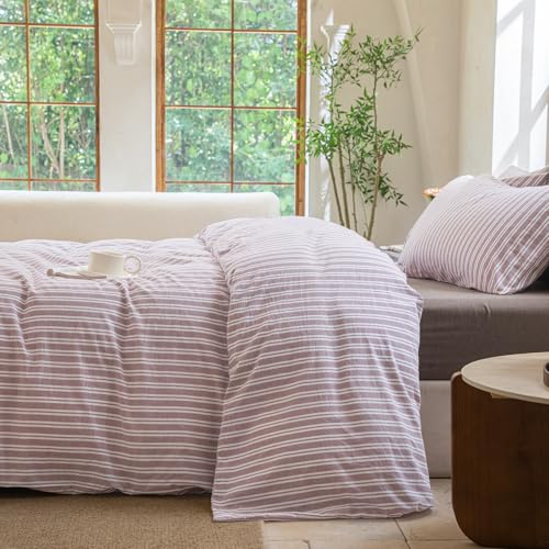 BESTDESIL Striped Duvet Cover Set 100% Washed Cotton Linen Like Soft Feelling Breathable Bedding(Dusty Purple,Full) BESTDESIL