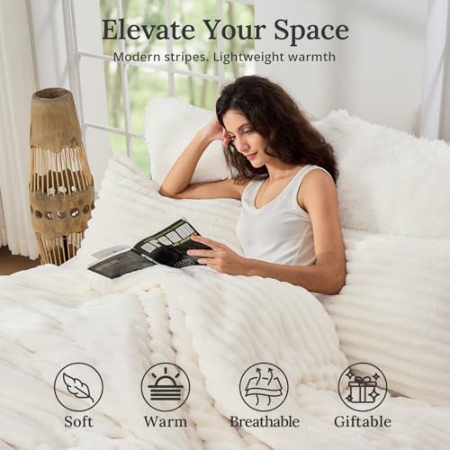 Sasttie Queen Comforter Set 3 Pieces - Super Soft Fleece Comforters Queen Size, 1 Luxury Warm Fuzzy Marshmallow Comforter with 2 Pillow Cases, Faux Fur Down Alternative Bedding Set, Cream White Sasttie