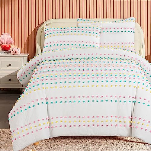 HOMBYS Tufted Pom Poms Bedding Comforter Set for Girls, 3 Piece White Boho Jacquard Kids Comforter Set for All Season,Twin/Twin XL Size HOMBYS