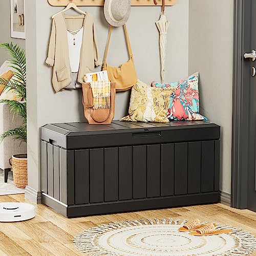 YESHOMY Storage Chest, Entryway Resin Shoe Bench with Hydraulic Bracket Flip Lid, Side Holder, Supports 450 lb, 45.6 x 20.8 x 23.2 Inches For Bedroom, Living Room, Lockable, Black YESHOMY