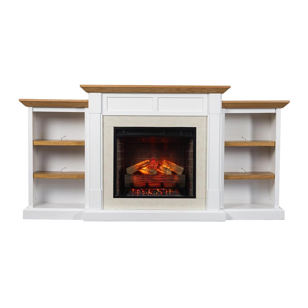 Country Living Belhaven 74 Inch Bookcase Mantel Package | 23 Inch Smart Electric Fireplace Insert Heater w/Remote | Warm Walnut Shelving | Marble or White Trim | Alexa & Google | Multi-Color Flames Country Living