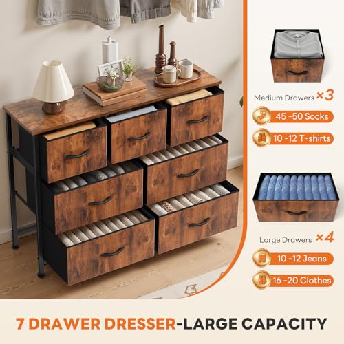 Sweetcrispy 7 Drawer Dresser with Fabric Bins Fabric Storage Tower Organizer for Bedroom Closet Hallway Entryway Tall Chest of Drawers with Steel Frame Wood Top Easy Pull Handles,Rustic Brown Sweetcrispy