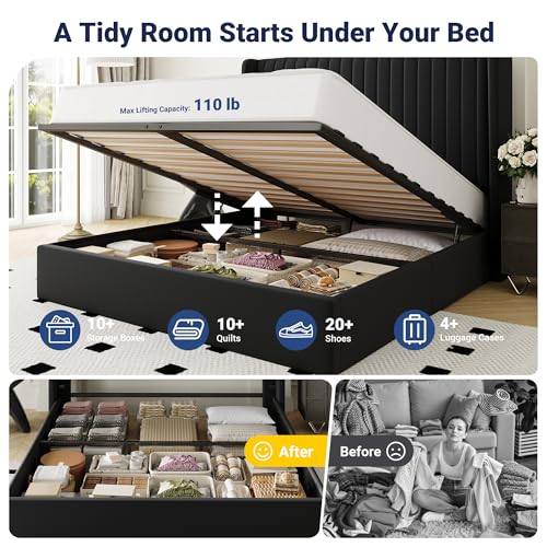 Allewie Queen Size Lift Up Storage Bed Frame, Hydraulic Support System, Upholstered Platform Bed Frame, Underneath Storage, Vertical Channel Tufted Headboard with Wingback, No Box Spring Needed, Black Allewie