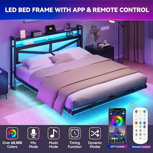 YITAHOME Full Size Floating Bed Frame with USB Charging Station Storage Headboard and with Led Light, Heavy Duty Metal Platform Bed Frame, No Box Spring Needed, Easy Assembly and Noise Free, Black YITAHOME