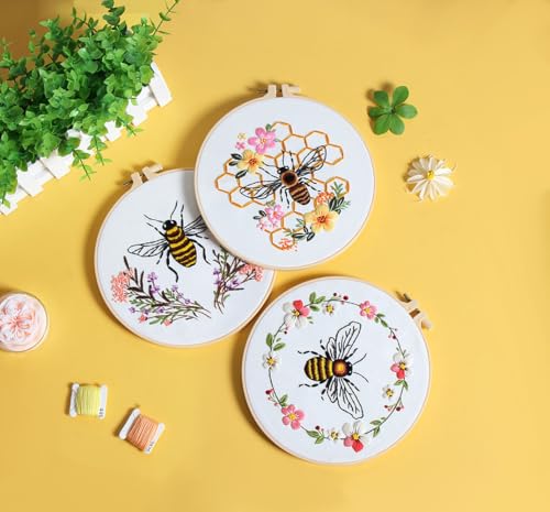3 Pack Embroidery Kit for Beginner Adults, Cross Stitch Set with Bees Flowers, Includes Clear Instructions, Embroidery Hoop, Stamped Patterns, Colorful Threads, Tools.Hand Craft Lover Gifts