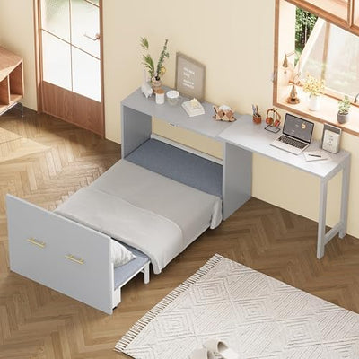 JIVOIT Twin Size Murphy Chest Dresser Bed with Desk, Foldable Cushion, Murphy Cabinet Bed with Adjustable Position Desk for Guest Room, Small Space, No Box Spring Needed (Gray//17)