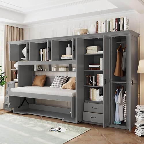 MERITLINE Twin Horizontal Murphy Bed with Desk and Storage Wardrobe,Cabinets,Shelves and Drawers, Wood Space-Saving Hidden Murphy Wall Bed for Teens Adults (Twin,Grey) MERITLINE