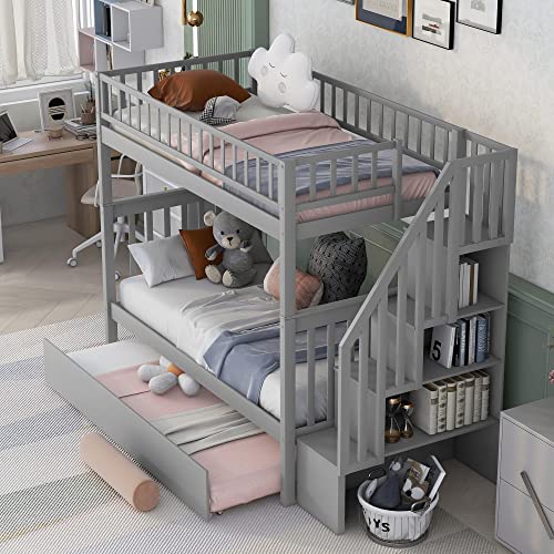 Harper & Bright Designs Bunk Beds Twin Over Twin Size, Solid Wood Bunk Beds with Trundle and Stairs for Kids,Toddler,Teens,Adults (Grey, Bunk Bed with Trundle) Harper & Bright Designs