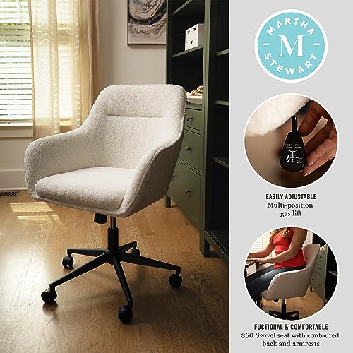 Martha Stewart Rayna Swivel Task Chair with Flared Arms for Home Office in White Boucle with Oil Rubbed Bronze Frame Martha Stewart