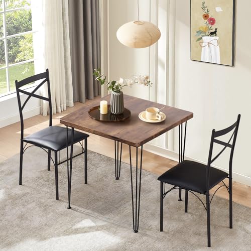 VECELO 3 Piece Dining Table Set for 2, Kitchen Table Set with 2 Chairs for Small Space, Space-Saving and Modern Design, Apartment, Easy to Assemble,Classic Brown VECELO