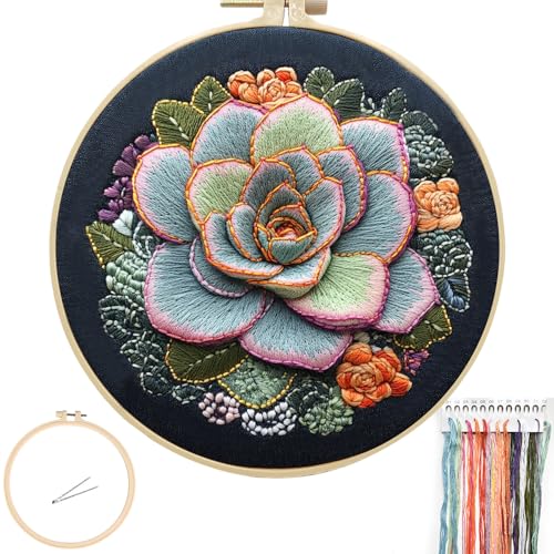 FONNUY Succulents Embroidery Kit for Beginners, Stamped Embroidery Patterns Kits for Adults with Hoop, Easy to Follow Color Thread Needlework, 8'' Hoop (Chubby Leaves)