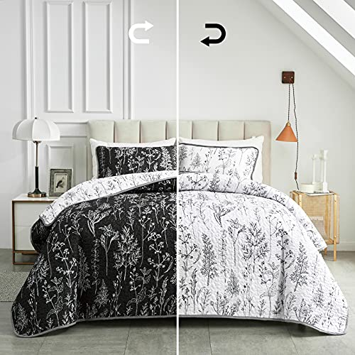 Joyreap 2 Pieces Quilt Set Twin, Black n White Rversible Botanical Design, Smooth Soft Microfiber Quilt, Bedspread Bed Cover for All Season, 1 Quilt and 1 Pillow Sham- 68x86 inches Joyreap