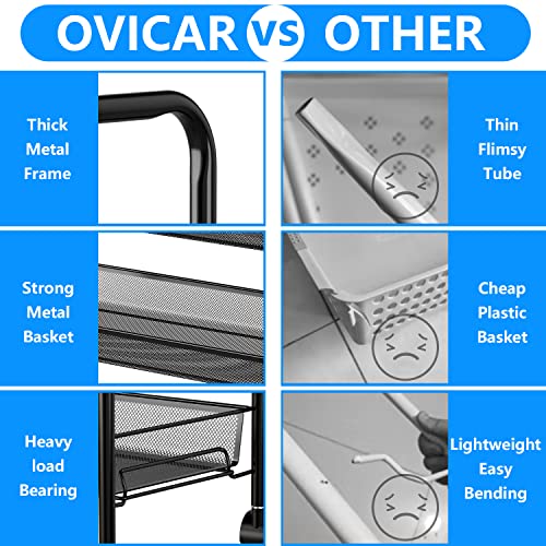 OVICAR 4 Tier Mesh Wire Rolling Cart, Kitchen Storage Organizer Utility Cart, Full Metal Basket Storage Art Trolley Carts with Wheels & 4 Side Hooks