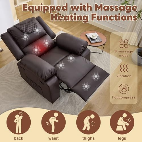 Manual Recliner Chair for Adults - 135° Front & Rear Adjustable, with Heating & Massage, Side Storage Pockets & Remote Control, Ideal for Living Room & Bedroom(Coffee)