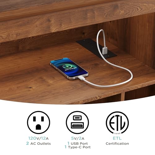 MHOM Farmhouse Large Record Player Stand with Power Outlets & LED Lights, Vinyl Record Stand hold up to 150 Albums, Turntable Stand for Living Room, Bedroom, Brown MHOM
