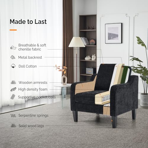 VINGLI Living Room Chairs Set of 2, Black Accent Chair 5.5" Thick Seat Cushion Comfy Chair Soft Chenille Side Chair Upholstered Arm Chair for Bedroom, Play Room, Apartment, Office (Black) VINGLI