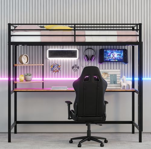 Bellemave Twin Size Loft Bed with Desk and 2 Shelves, Metal loft bedframe with Storage Shelves, Black Bellemave