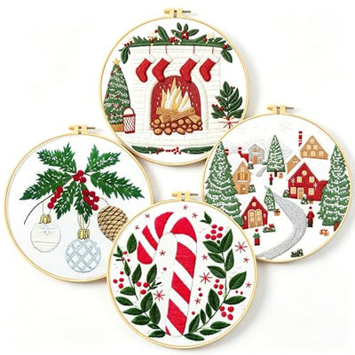 Zhenqing Christmas Embroidery Kit for Beginners - 4 Piece 29x29cm Round Designs with Embroidery Hoop, Threads & Tools (Snowy Cabin, Fireplace, Candy Cane, Holly)(C0066)