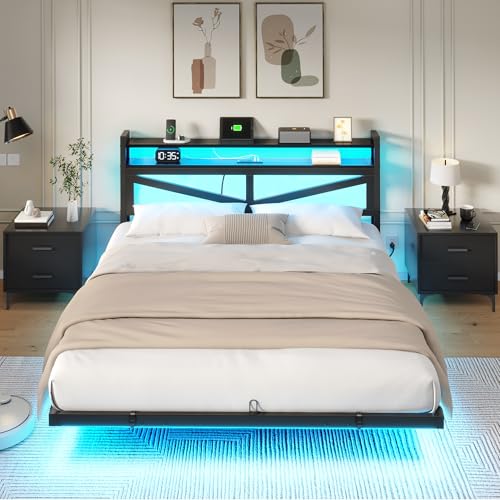 YITAHOME Full Size Floating Bed Frame with USB Charging Station Storage Headboard and with Led Light, Heavy Duty Metal Platform Bed Frame, No Box Spring Needed, Easy Assembly and Noise Free, Black YITAHOME
