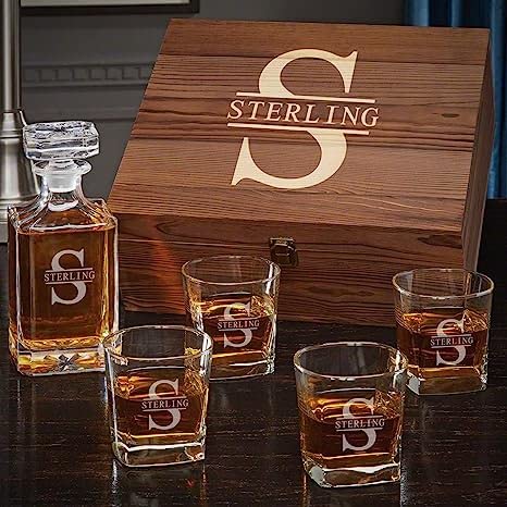 Personalized Whiskey Decanter Set with Wood Gift Box - Custom Bourbon and Scotch Gift Boxed Set HomeWetBar