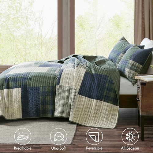 Woolrich Quilt Set Patchwork Channel Quilting, Cottege Coverlet for Twin Size Bed All Seasons, Lightweight Prewashed Cotton Coverlet Bedspread, Shams, Mill Creek, Oversized Twin/Twin XL Green 2 Piece Woolrich John Rich & Bros.
