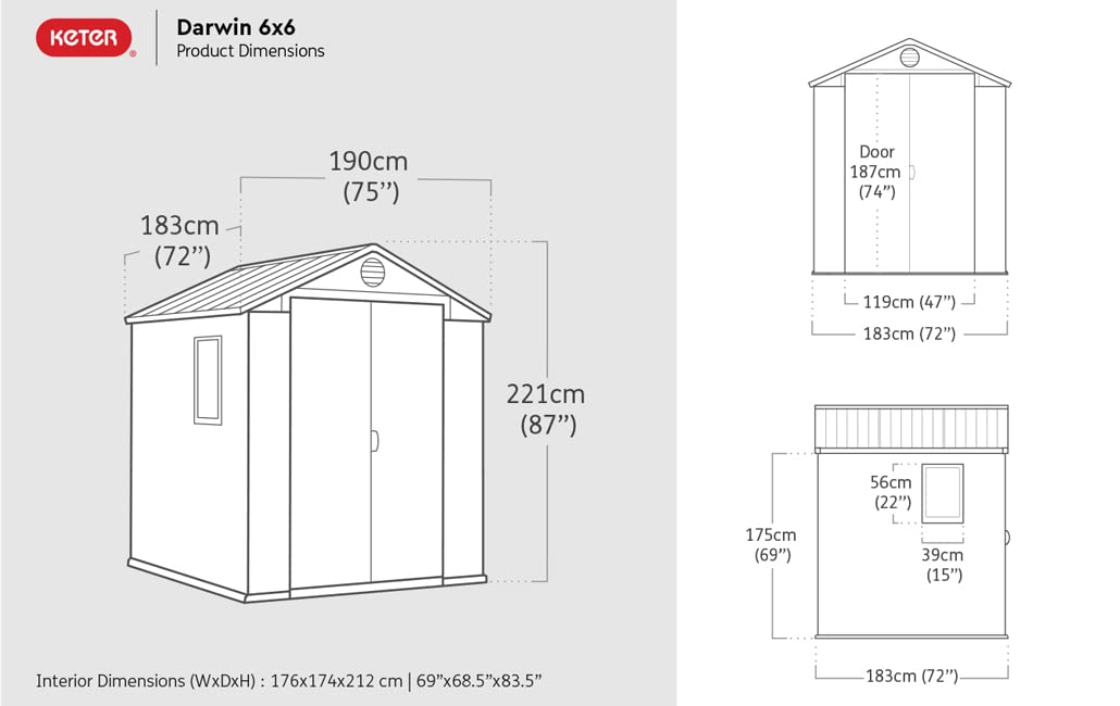 Keter Darwin 6 x 6 Foot Spacious Heavy Duty Outdoor Storage Shed for Organizing Garden Accessories and Tools with Double Doors and High Ceiling, Gray Keter