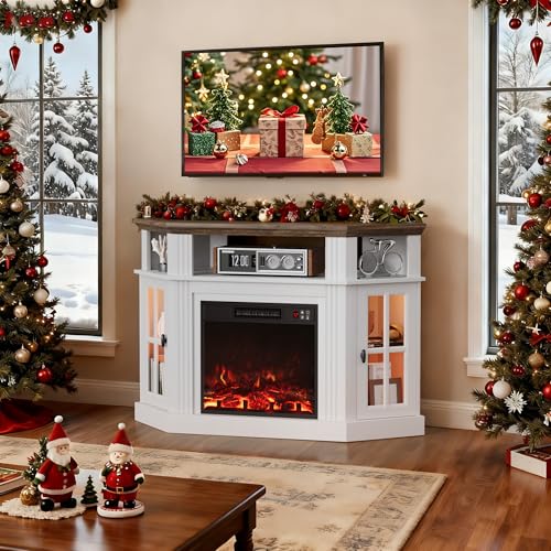 Furmax Fireplace Corner TV Stand for Up to 55 Inch, Modern Console with 18 Inch Electric Fireplace, Entertainment Center with Open Shelf and Storage Cabinets for Living Room (LED Antique White) Furmax