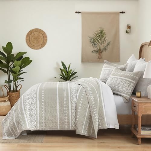 Qiqiong Boho Quilt Set Queen Size - 100% Cotton Boho Striped Quilt Bedding Set - Beige and White Bohemian Quilt Set with Shams 3 Piece - All-Season Lightweight Coverlet & Bedspread Set Qiqiong