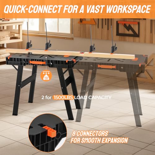TLGREEN Folding Work Table,2 Pack,Express Portable Workbench Set of 2, Lightweight Workbench with Clamps Dogs, Clamps,Power Strip,for Garage,Table Saw,Home,Workshop,330lbs Load Capacity TLGREEN
