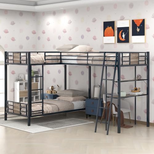 L-Shaped Metal Triple Bed with Desk and Shelf, Twin Over Twin Bunk Bed Frame with Loft Bed and 2 Ladders (Black+Brown) Bellemave