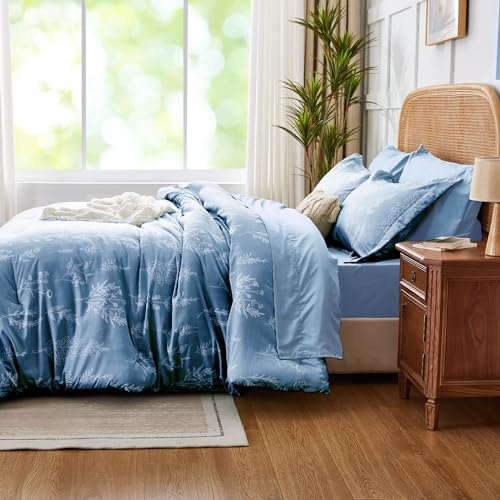 Kozyhvn Floral Comforter Set Full Blue, Cute Flower Bed in a Bag Full Boho 7 Pieces, Soft Fluffy Bedding Sets with Comforter, Sheets, Pillowcases & Shams, All Season Kozyhvn