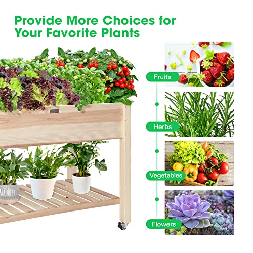 VIVOSUN Elevated Wooden Raised Garden Bed, 46 x 24 x 32 Inches, Mobile Outdoor Planter Box with Storage Shelf and Protective Liner for Outdoor Use, with Lockable Wheels VIVOSUN