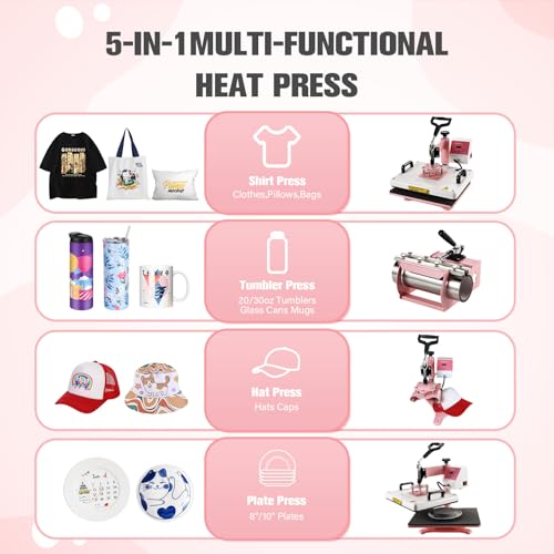 BetterSub 5 in 1 Heat Press Machine 12x15 inch, Industrial-Quality Sublimation Press with 30oz Tumbler Attachment & Curved Hat Plate, 360° Swivel Design for T-Shirts, Vinyl, DTF Film - Pink BetterSub