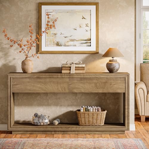 Tribesigns 63" Console Table with 2 Drawers, Farmhouse Entryway Table with Open Storage Shelf, Wooden Sofa Console Behind the Couch for Living Room, Hallway, Foyer, Brown Tribesigns