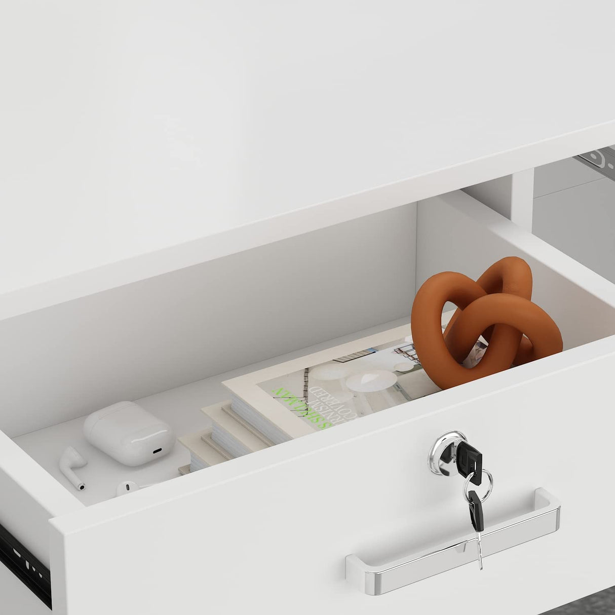 ECACAD Reception Desk with Lockable Drawer, Open Shelves & Keyboard Tray, Office Desk Reception Counter Table with Cabinet and Black Stickers, White (55.1”W x 43.3”D x 43.3”H) ECACAD