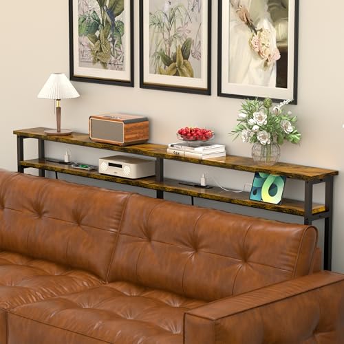 Keelian 78 Inch Double-Layer Narrow Console Sofa Table with 2 Power Outlets&4 AC Plugs&4 USB Ports, 4.9' Extension Cord Included, Behind Couch Table for Living Room/office Easy Assembly - Rustic Brown Keelian