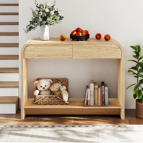 affeivul Curved Console Table Arch with Storage, Narrow Entryway Table with Drawers, 43.3'' Couch Table Behind Sofa Long and Skinny for Living Room TV, Hallway Entrance Foyer, Mid Century Boho Rattan affeivul