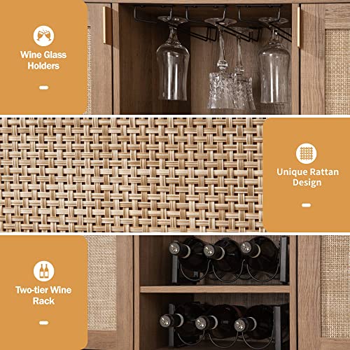 SICOTAS Coffee Bar Cabinet, 51" Rattan Sideboard Buffet Cabinet with Storage, Boho Farmhouse Liquor Cabinet with Wine Racks Credenza Console Table for Home Living Dining Room Entryway, Natural SICOTAS