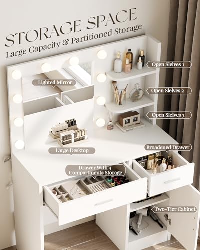 LIVELYGLOW Vanity Desk with Mirror and Lights, Makeup Vanity with Drawer & Storage Shelves, Cabinet, 3 Lighting Modes Adjustable Brightness, Bedroom Dressing Table, White LIVELYGLOW