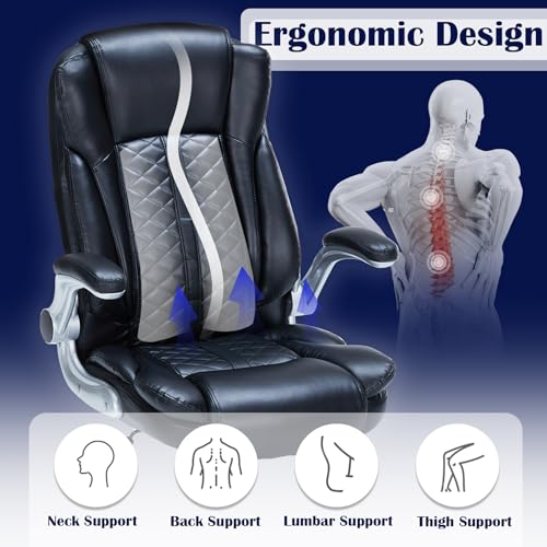 400lbs Executive Office Chair with Flip-Up Armrests, Big and Tall Computer Chair for Heavy People, Heavy Duty Ergonomic Comfy Chair, Breathable PU Leather (Black) HESL