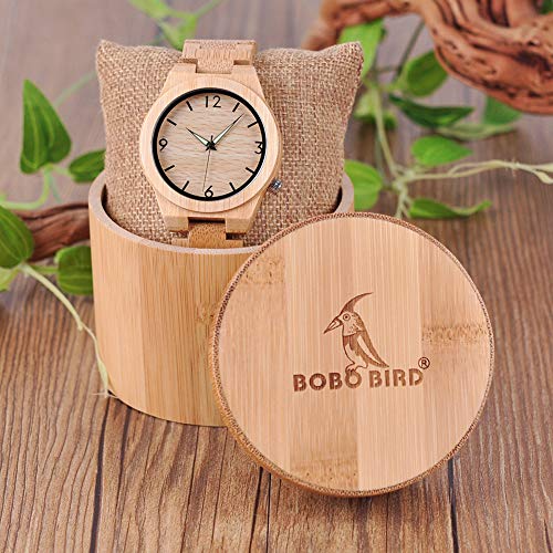 BOBO BIRD D27 Men's Bamboo Wooden Watch Numeral Scale Large Face Quartz Watch Lightweight Casual Sports Watches with Luminous Night Silver Pointer Gift Box BOBO BIRD