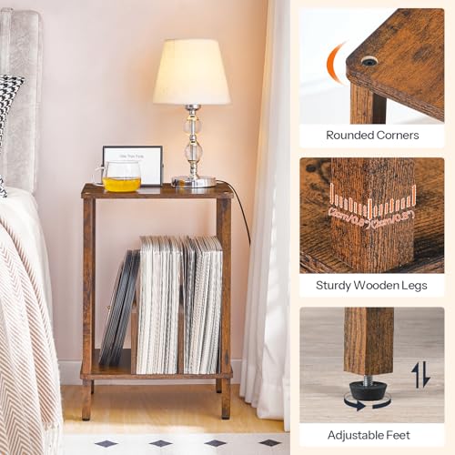 HOOBRO Small End Table, 2-Tier Record Player Stand Vinyl Record Turntable Stand with Storage up to 100 Albums, Small Side Table for Living Room, Bedroom Rustic Brown, FG05RS01 HOOBRO