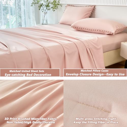 PERFEMET Blush Twin Bed in A Bag for Girls 5 Pcs Boho Pom Pom Bed Comforter Set with Sheets Soft Lightweight Pink Plain Bedding for Kids Teens(Blush, Twin) PERFEMET