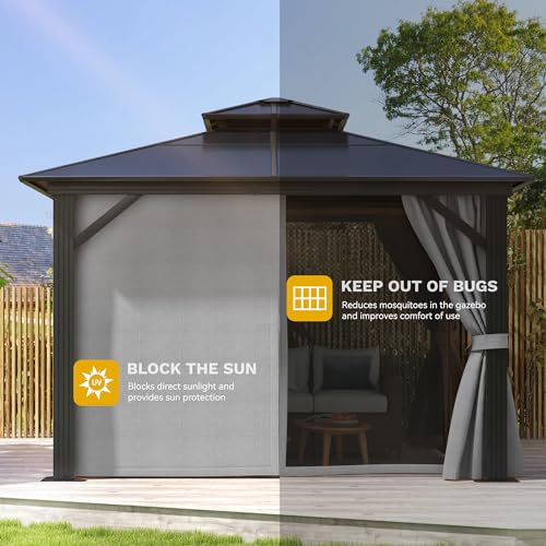 DWVO 10x10ft Gazebo Hardtop Double Roof Polycarbonate Canopy Outdoor with Netting and Shaded Curtains, Aluminum Frame Garden Tent for Patio, Backyard, Deck and Lawns, Gray DWVO