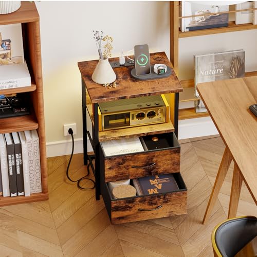 Fixwal Night Stand with Charging Station, LED Nightstand with U-S-B Ports and Outlets, 2 Fabric Storage Drawers with PU Finish, Bedside Table, Rustic Brown Fixwal