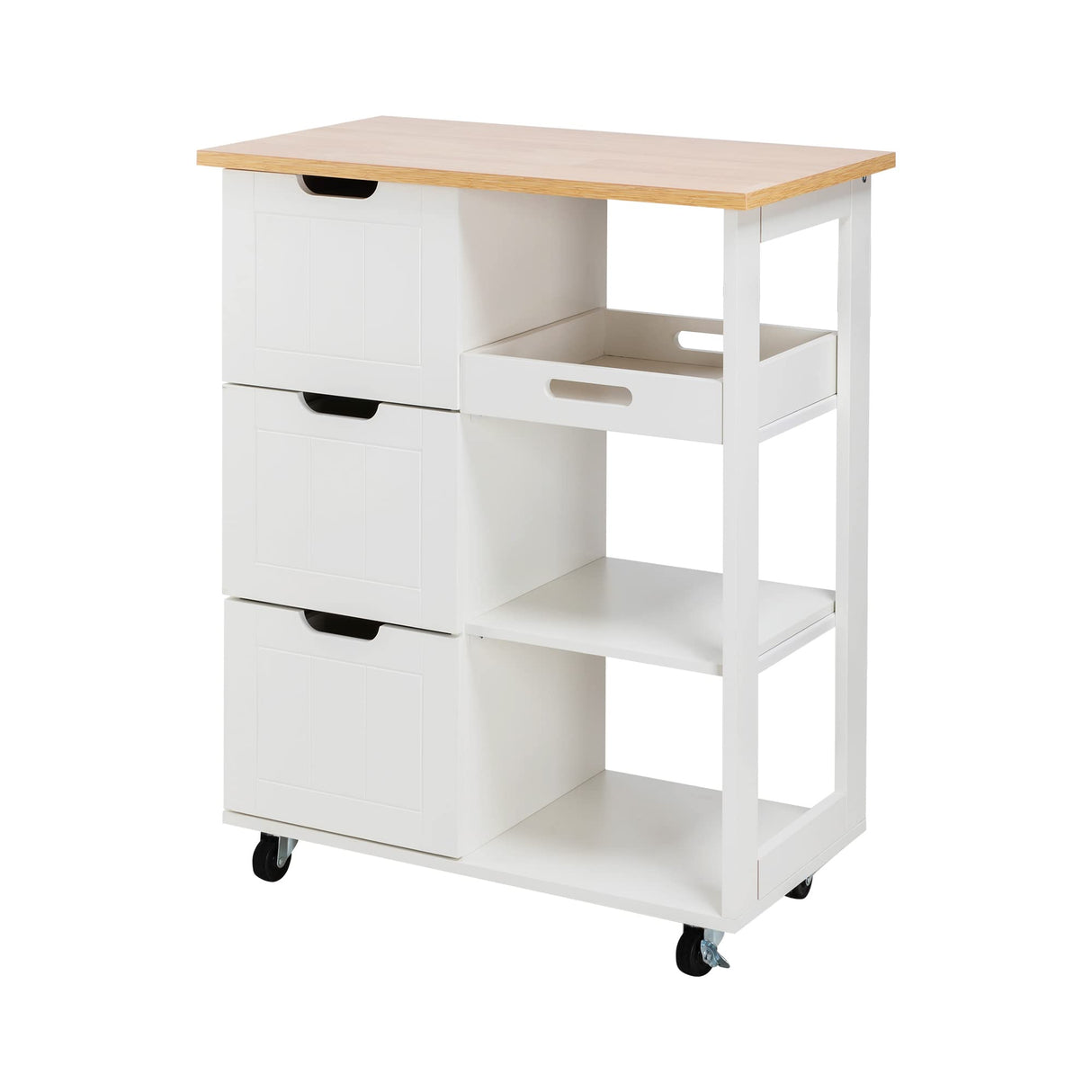 Shintenchi Kitchen Island Cart with Storage,Rolling Kitchen Island Storage Cabinet,Side Table on Wheels with Worktop,3 Open Shelves and 3 Drawers for Kitchen,Dinning Room, White Shintenchi