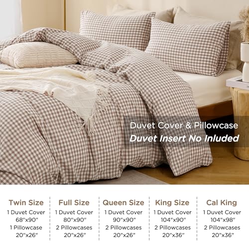 TOCOMOA Tan Gingham Duvet Cover Bedding Set 100% Washed Cotton Like Linen Feel Super Soft Comfy 3 Piece Brown Vintage Plaid Checkered Fall Comforter Cover Set (King 104"x90", Comforter Not Included) TOCOMOA