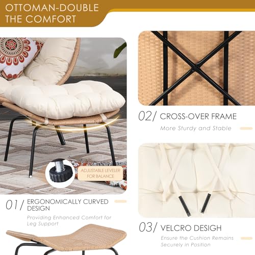 NICESOUL® Wicker Stationary Egg Chair Indoor Outdoor Egg Basket Lounge Chair Oversized Thick Cushions Egg Seat with Legs 440lbs Egg Nest Chair with Ottoman, Boho Rattan Chair for Patio Beige NICESOUL